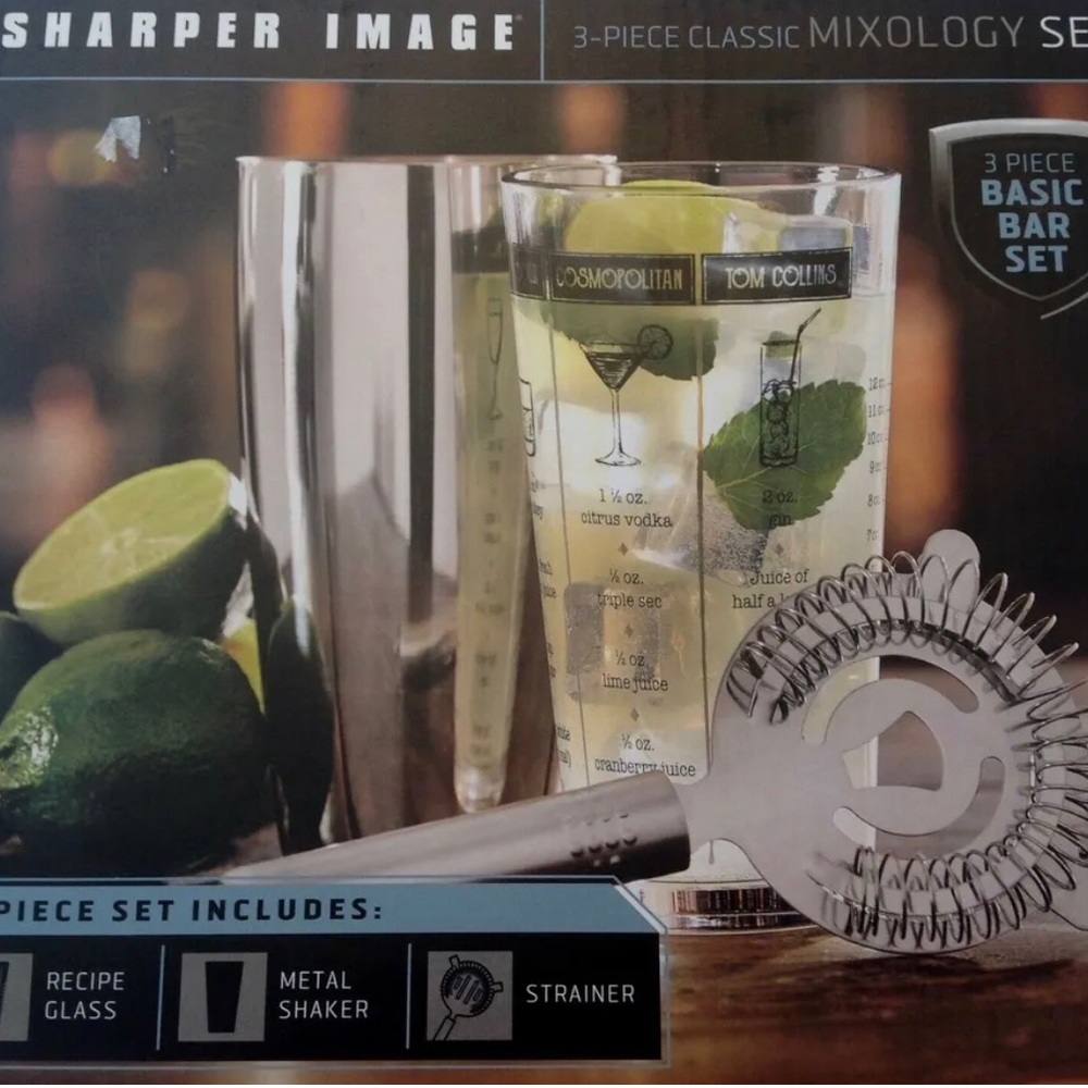 Sharper Image Mixology 3 Piece Home Bar Set Recipe Glass Shaker Strainer New